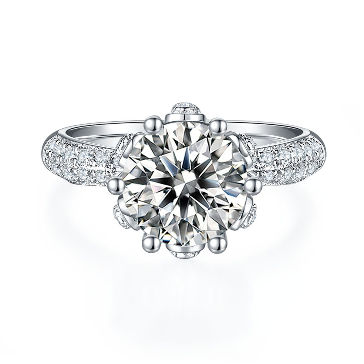 Straight arm luxury floral god S925 silver plated white gold moissanite diamond women's ring 3.0 carats D-class